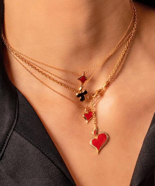 lucky hand clubs necklace in 18K rose gold with black enamel