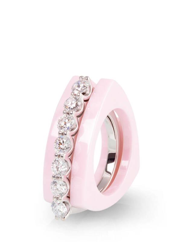 simple diamond ring in white gold with pink ceramic