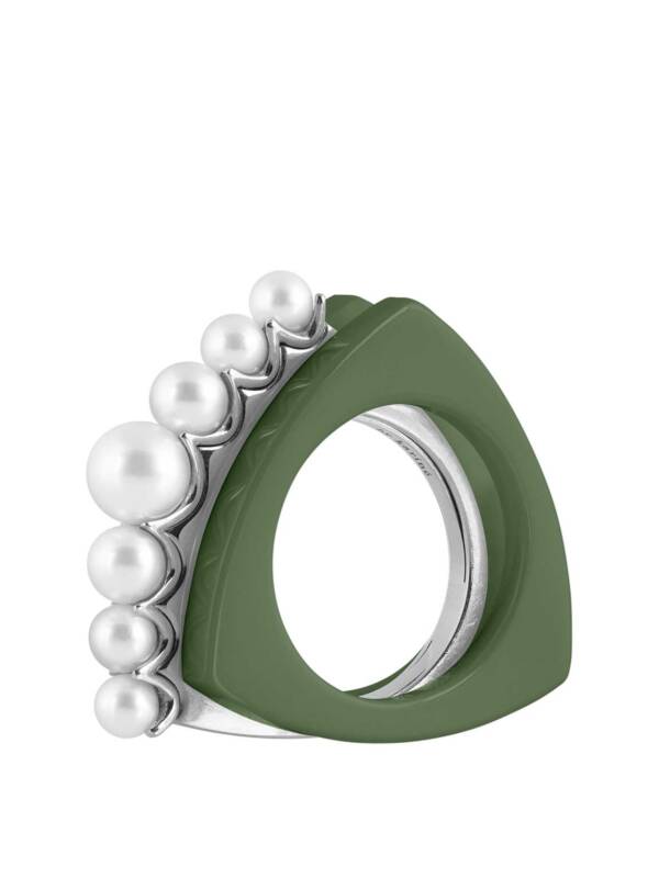 akoya pearls simple ring with 18K white gold with green ceramic