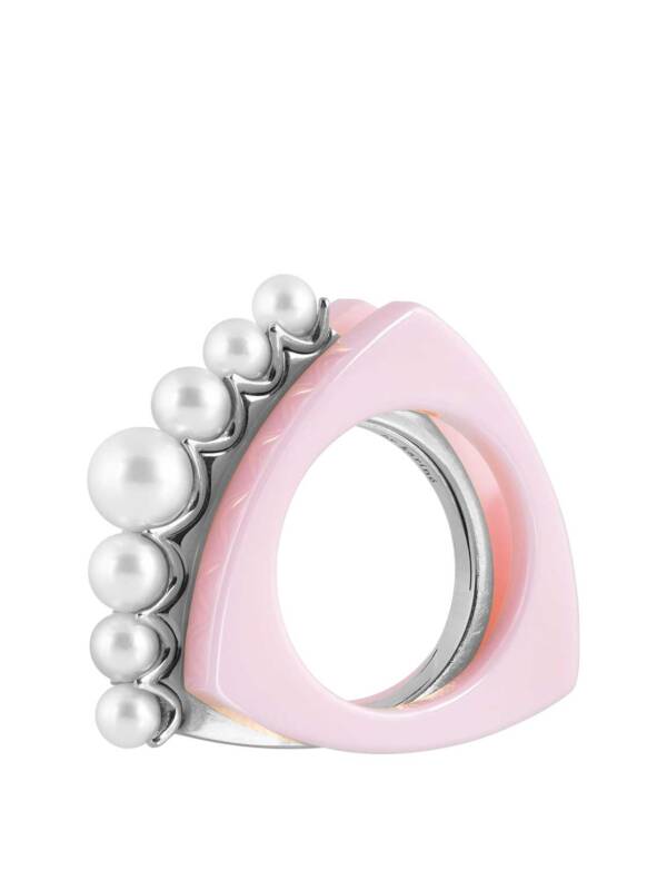 akoya pearls simple ring with 18K white gold with pink ceramic