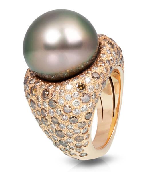 tahitian pearl cocktail ring with champagne diamonds in 18K rose gold
