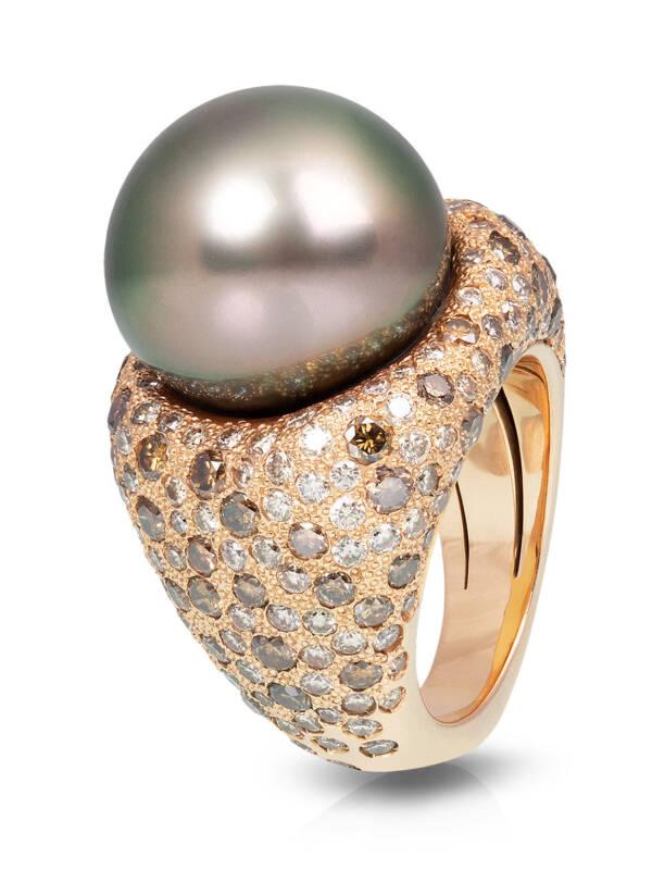 tahitian pearl cocktail ring with champagne diamonds in 18K rose gold