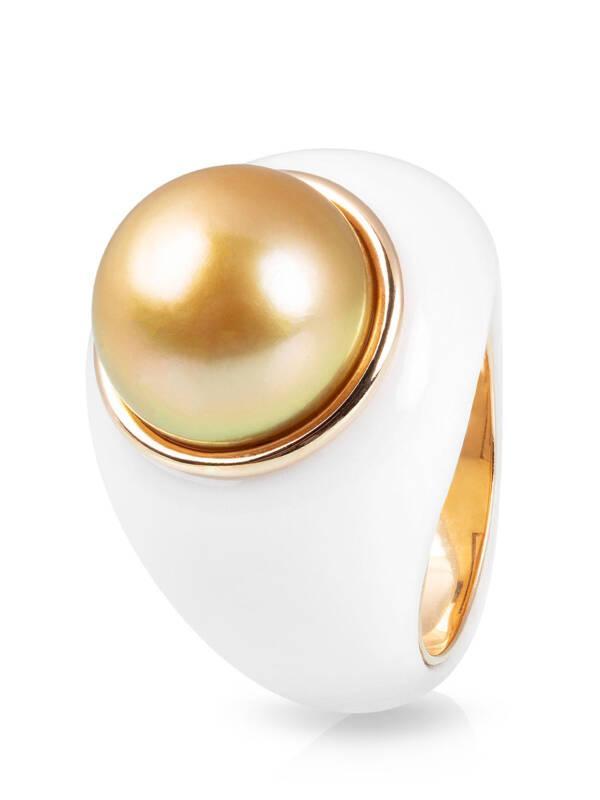 white agate golden south sea pearl ring with 18K rose gold