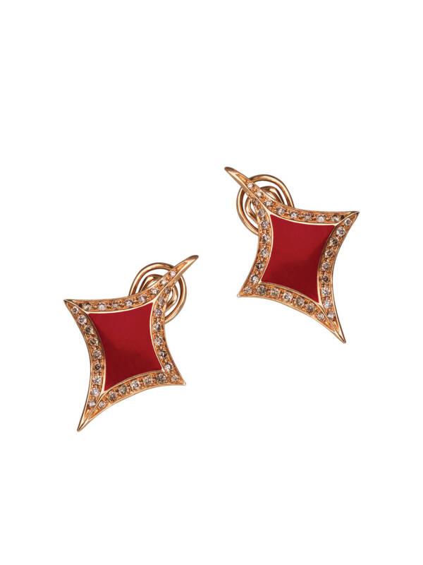 lucky hand diamonds earrings with champagne diamonds and red enamel
