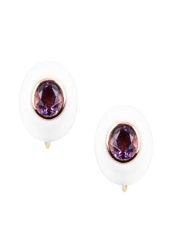 Oval white agate and amethyst earrings with 18K rose gold