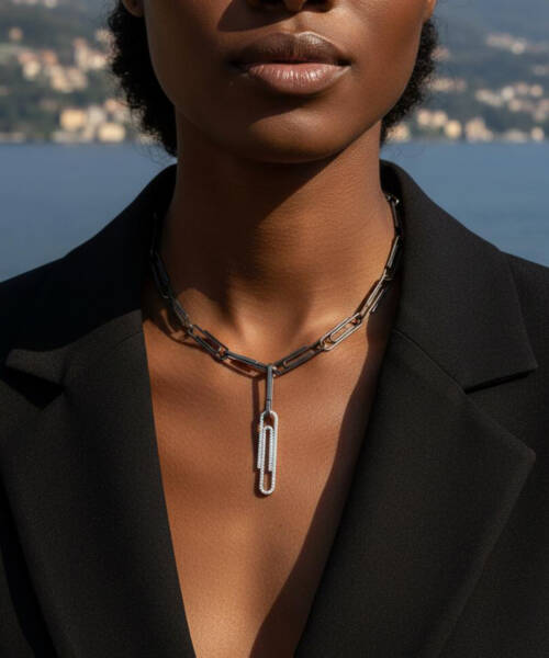Paperclip Necklace with Diamond Paperclip in White Gold