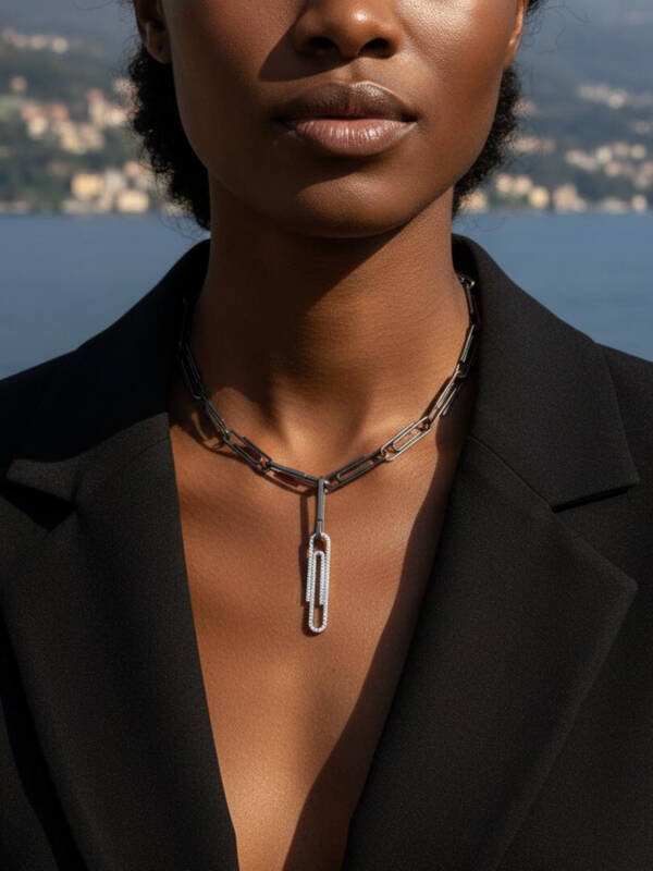 Titanium Paperclip Necklace with Diamond Paperclip in White Gold - Image 2